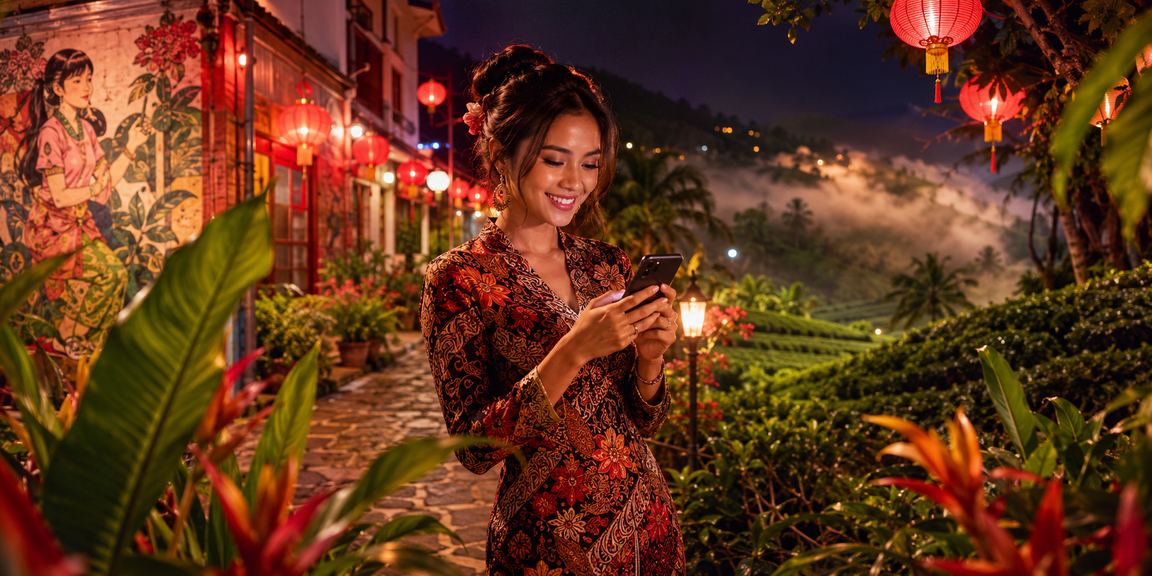 Pengguna Penang mengakses promosi kasino 409 melalui telefon pintar dengan tema batik tempatan
